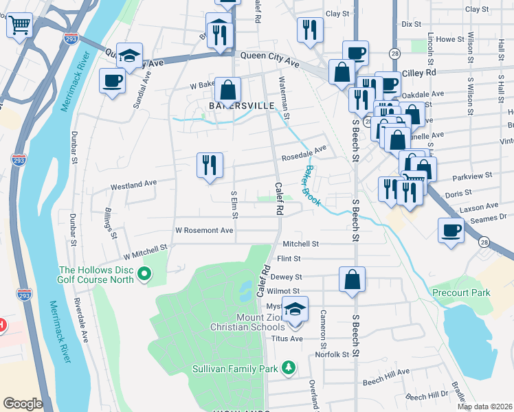 map of restaurants, bars, coffee shops, grocery stores, and more near 10 Hemond Street in Manchester