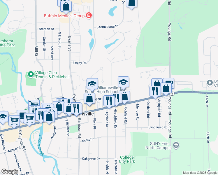 map of restaurants, bars, coffee shops, grocery stores, and more near 94 Farber Lane in Williamsville