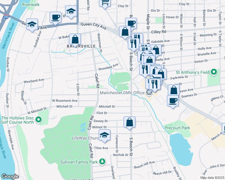 map of restaurants, bars, coffee shops, grocery stores, and more near 51 Edgemere Avenue in Manchester