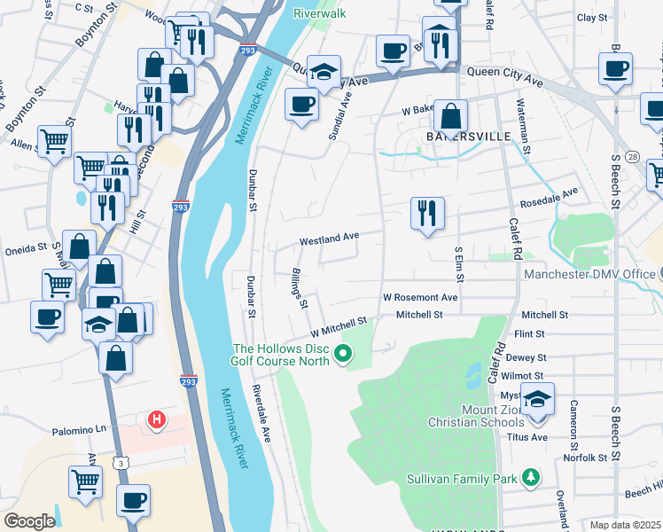 map of restaurants, bars, coffee shops, grocery stores, and more near 100 Westland Avenue in Manchester