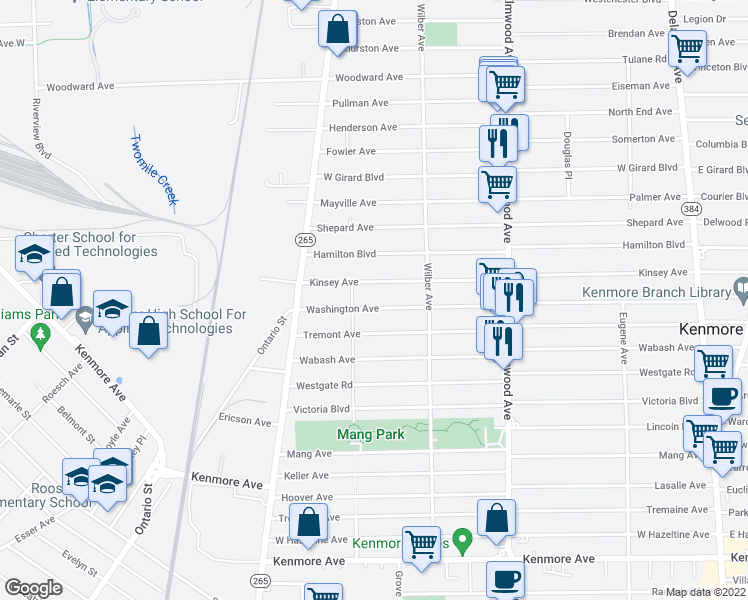 map of restaurants, bars, coffee shops, grocery stores, and more near 383 Kinsey Avenue in Kenmore