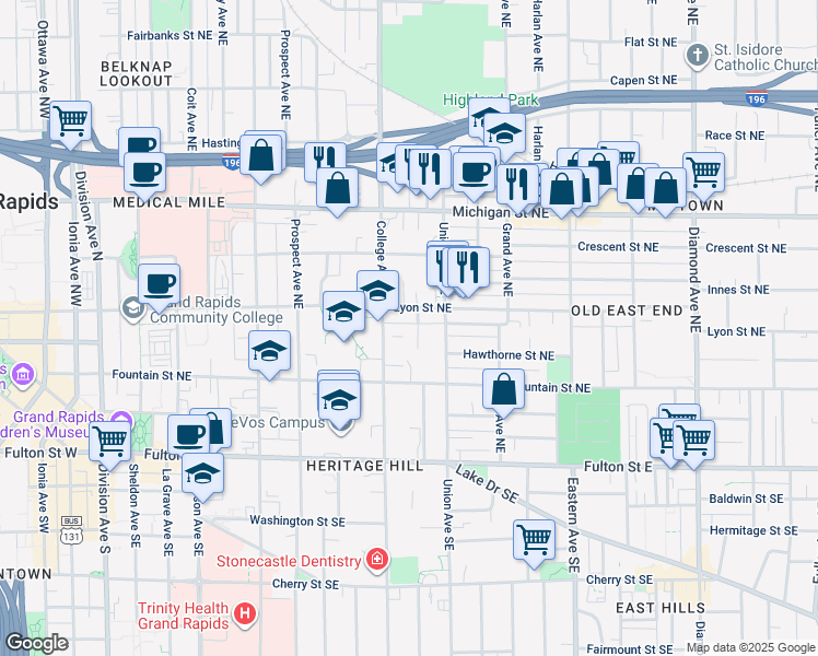 map of restaurants, bars, coffee shops, grocery stores, and more near 157 Campbell Place Northeast in Grand Rapids