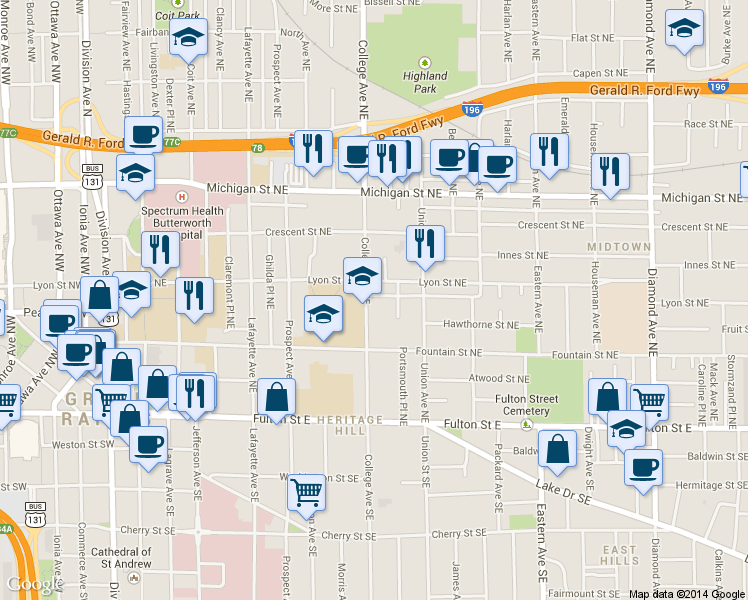 map of restaurants, bars, coffee shops, grocery stores, and more near 523 Lyon Street Northeast in Grand Rapids