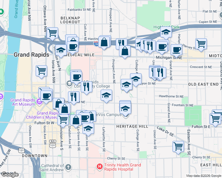 map of restaurants, bars, coffee shops, grocery stores, and more near 335 Lyon Street Northeast in Grand Rapids