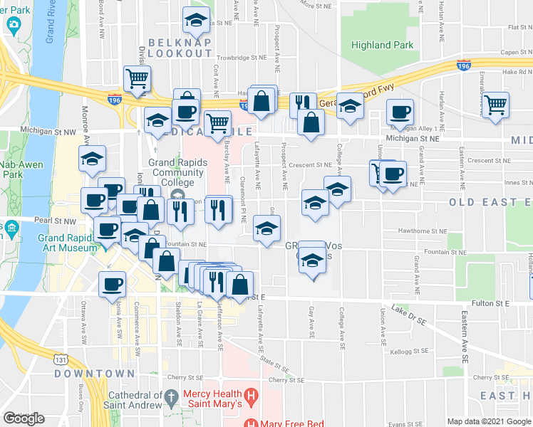 map of restaurants, bars, coffee shops, grocery stores, and more near 201 Lafayette Avenue Northeast in Grand Rapids