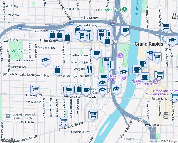map of restaurants, bars, coffee shops, grocery stores, and more near 211 Seward Avenue Northwest in Grand Rapids