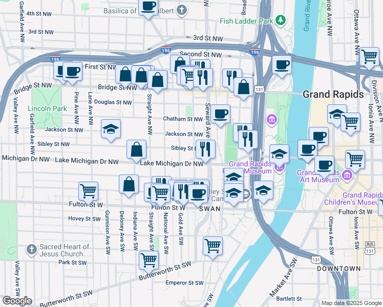 map of restaurants, bars, coffee shops, grocery stores, and more near 210 Gold Avenue Northwest in Grand Rapids