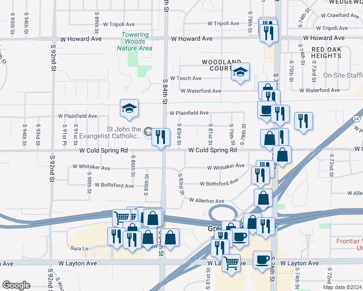 map of restaurants, bars, coffee shops, grocery stores, and more near 4261 South 83rd Street in Greenfield