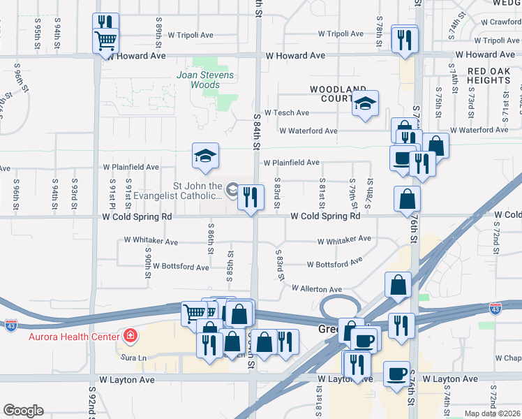 map of restaurants, bars, coffee shops, grocery stores, and more near 4261 South 83rd Street in Greenfield