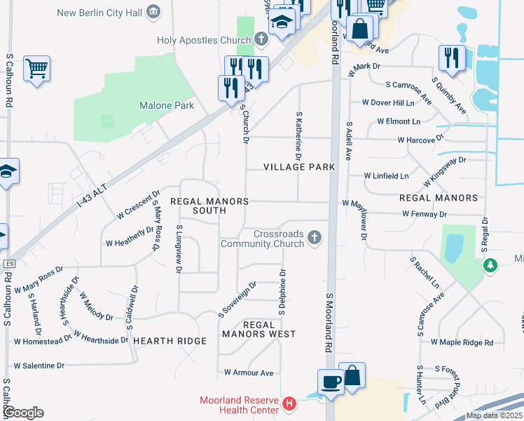 map of restaurants, bars, coffee shops, grocery stores, and more near 15930 West Mayflower Drive in New Berlin