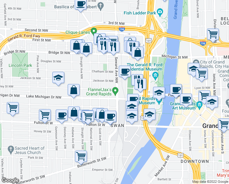 map of restaurants, bars, coffee shops, grocery stores, and more near 153 Seward Avenue Northwest in Grand Rapids