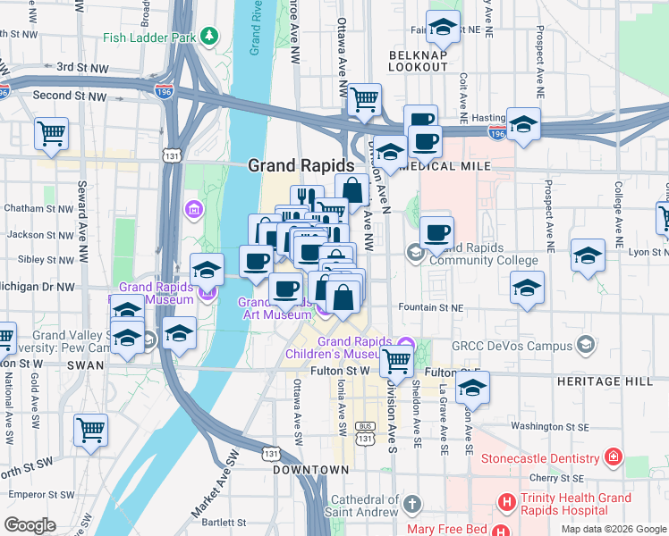 map of restaurants, bars, coffee shops, grocery stores, and more near 161 Ottawa Avenue Northwest in Grand Rapids
