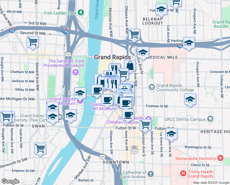 map of restaurants, bars, coffee shops, grocery stores, and more near 201 Monroe Avenue Northwest in Grand Rapids