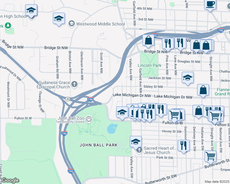 map of restaurants, bars, coffee shops, grocery stores, and more near 1325 Lake Michigan Drive Northwest in Grand Rapids