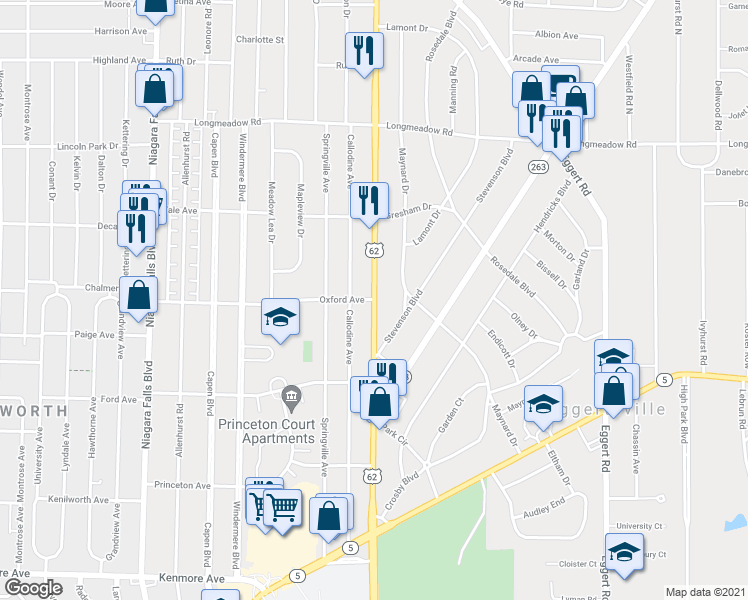 map of restaurants, bars, coffee shops, grocery stores, and more near Bailey Avenue & Oxford Avenue in Buffalo