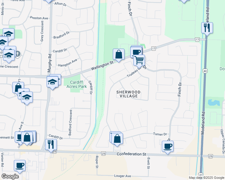 map of restaurants, bars, coffee shops, grocery stores, and more near 282 Trudeau Drive in Sarnia