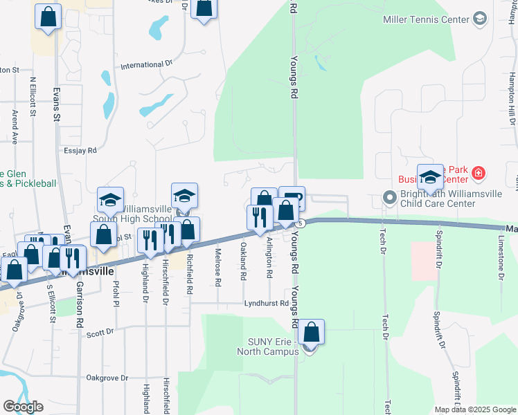 map of restaurants, bars, coffee shops, grocery stores, and more near 6076 Main Street in Williamsville