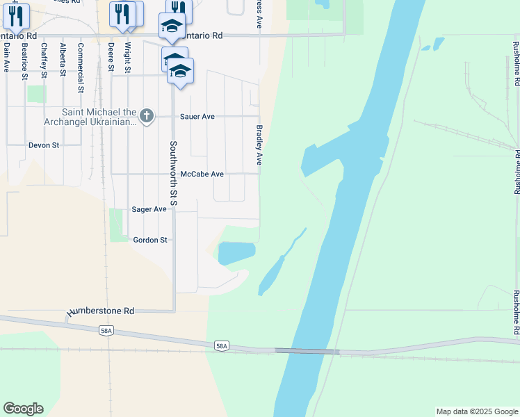 map of restaurants, bars, coffee shops, grocery stores, and more near 340 Bradley Avenue in Welland
