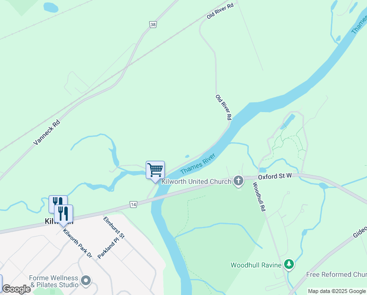 map of restaurants, bars, coffee shops, grocery stores, and more near 10847 Old River Road in Komoka