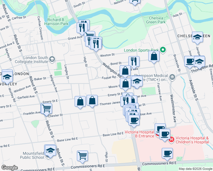 map of restaurants, bars, coffee shops, grocery stores, and more near 460 Moore Street in London