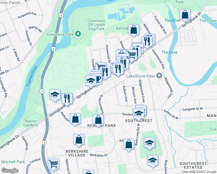 map of restaurants, bars, coffee shops, grocery stores, and more near 159 Gardenwood Drive in London