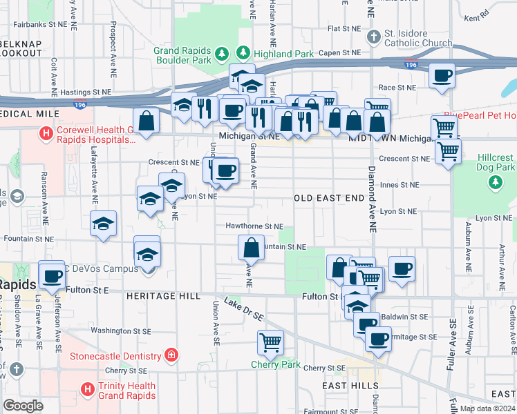 map of restaurants, bars, coffee shops, grocery stores, and more near 162 Grand Avenue Northeast in Grand Rapids