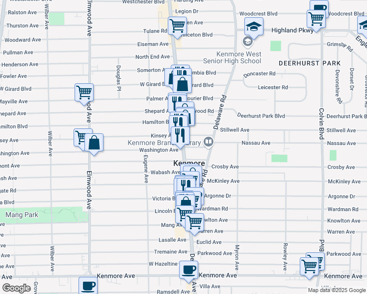 map of restaurants, bars, coffee shops, grocery stores, and more near Delaware Avenue & Chapel Road in Buffalo