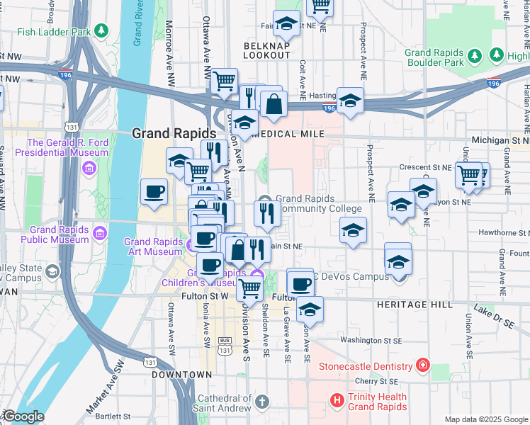 map of restaurants, bars, coffee shops, grocery stores, and more near 143 Bostwick Avenue Northeast in Grand Rapids