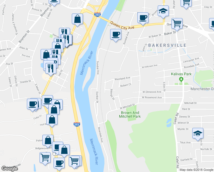 map of restaurants, bars, coffee shops, grocery stores, and more near 239 Westland Avenue in Manchester