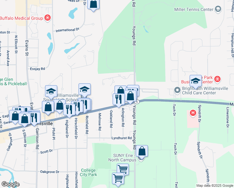map of restaurants, bars, coffee shops, grocery stores, and more near 18 Glen Eagle Court in Buffalo