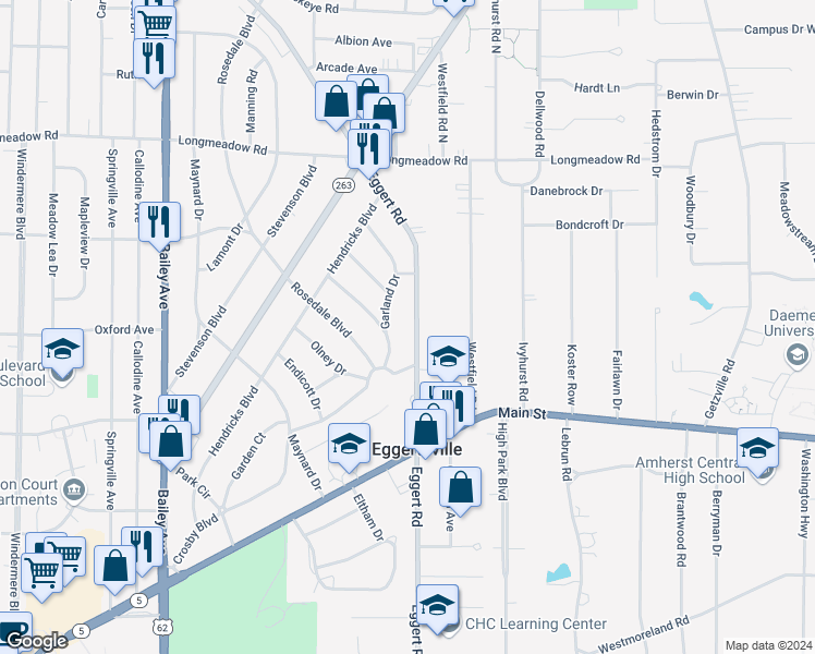 map of restaurants, bars, coffee shops, grocery stores, and more near 1432 Eggert Road in Buffalo