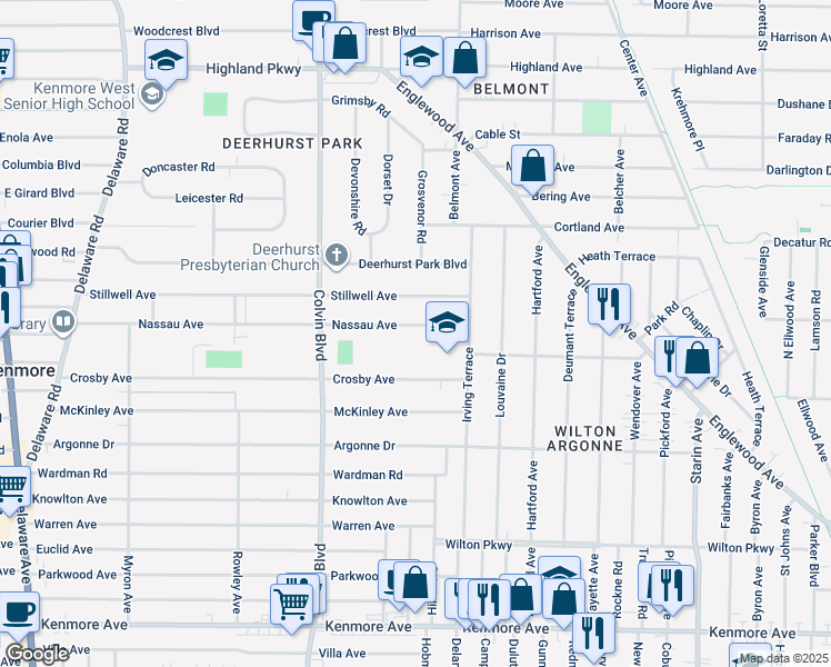 map of restaurants, bars, coffee shops, grocery stores, and more near 342 Nassau Avenue in Buffalo