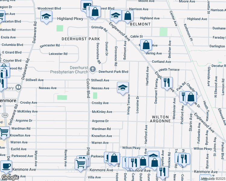 map of restaurants, bars, coffee shops, grocery stores, and more near 342 Nassau Avenue in Buffalo