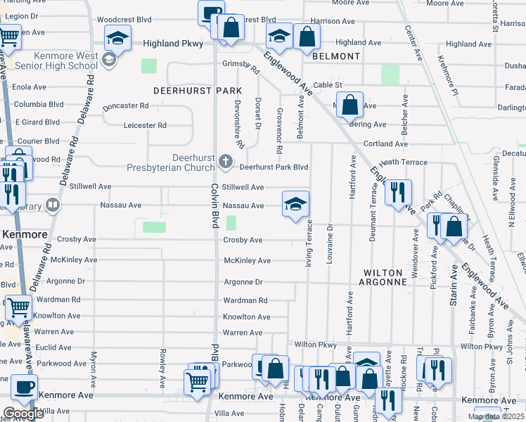 map of restaurants, bars, coffee shops, grocery stores, and more near 342 Nassau Avenue in Buffalo