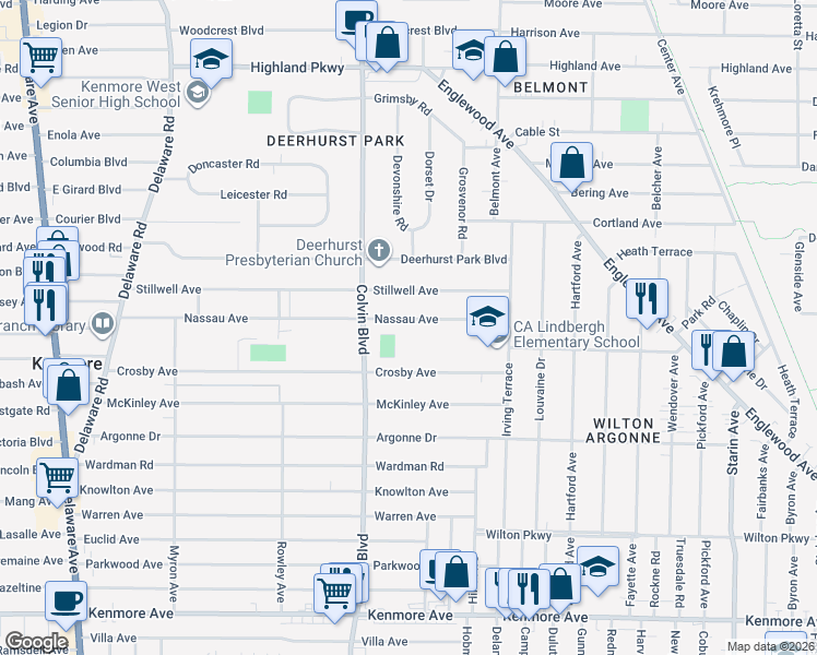 map of restaurants, bars, coffee shops, grocery stores, and more near 302 Nassau Avenue in Buffalo