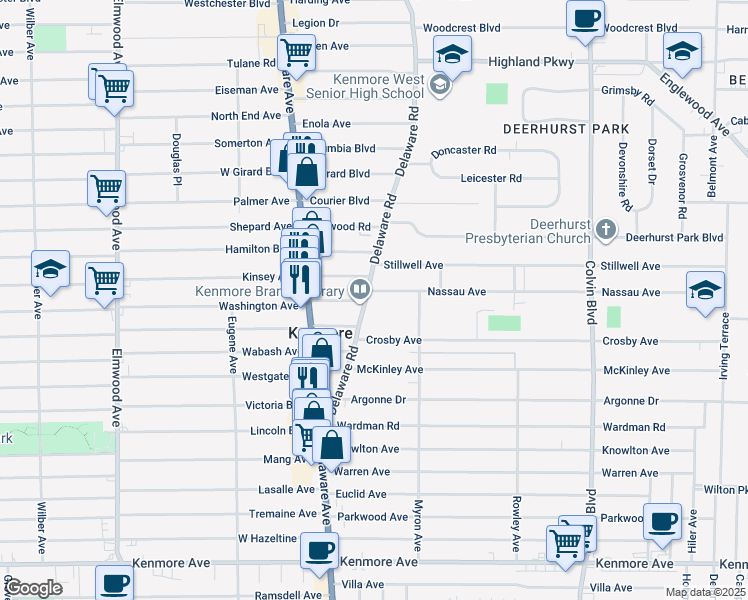 map of restaurants, bars, coffee shops, grocery stores, and more near 24 Nassau Avenue in Buffalo