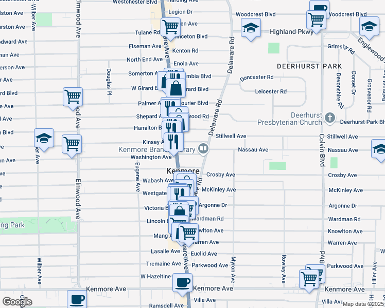 map of restaurants, bars, coffee shops, grocery stores, and more near 49 Allegany Avenue in Kenmore
