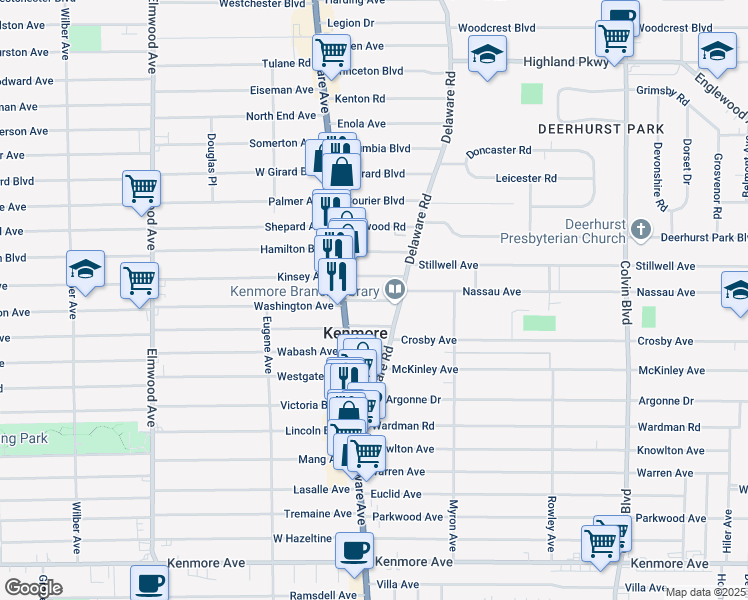 map of restaurants, bars, coffee shops, grocery stores, and more near 98 Chapel Road in Kenmore