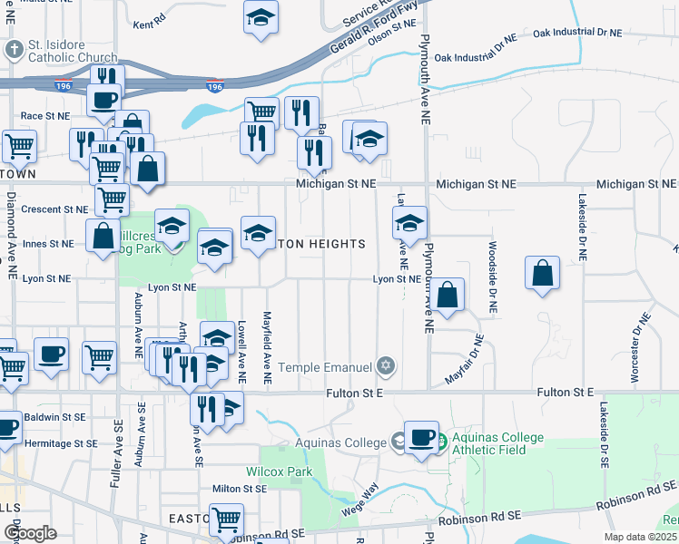 map of restaurants, bars, coffee shops, grocery stores, and more near 225 Wallinwood Avenue Northeast in Grand Rapids