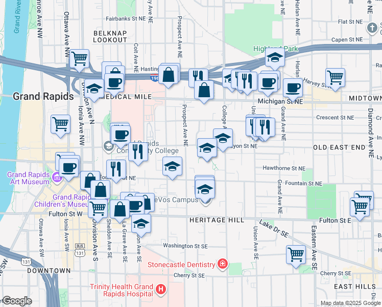 map of restaurants, bars, coffee shops, grocery stores, and more near 335 Lyon Street Northeast in Grand Rapids