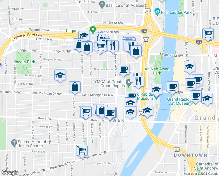 map of restaurants, bars, coffee shops, grocery stores, and more near 211 Seward Avenue Northwest in Grand Rapids