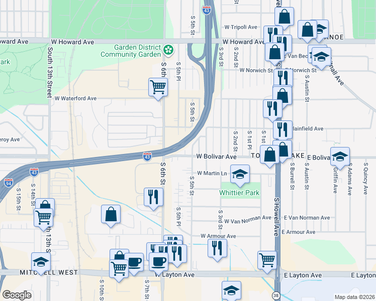 map of restaurants, bars, coffee shops, grocery stores, and more near 4219 ADJ South 5th Place in Milwaukee