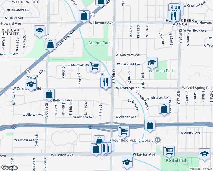map of restaurants, bars, coffee shops, grocery stores, and more near 4233 South 60th Street in Greenfield