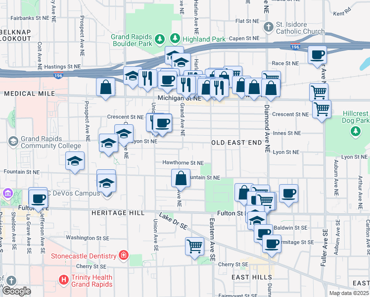 map of restaurants, bars, coffee shops, grocery stores, and more near 164 Grand Avenue Northeast in Grand Rapids