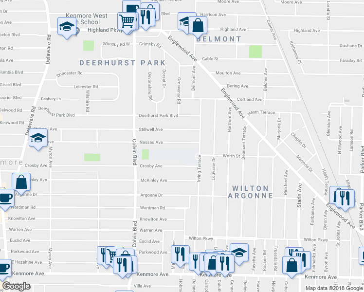 map of restaurants, bars, coffee shops, grocery stores, and more near 363 Nassau Avenue in Buffalo