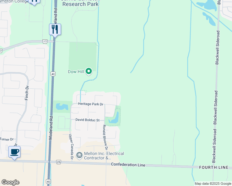 map of restaurants, bars, coffee shops, grocery stores, and more near 228 Doris McCarthy Court in Sarnia