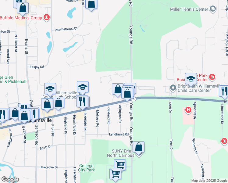 map of restaurants, bars, coffee shops, grocery stores, and more near 6076 Main Street in Williamsville