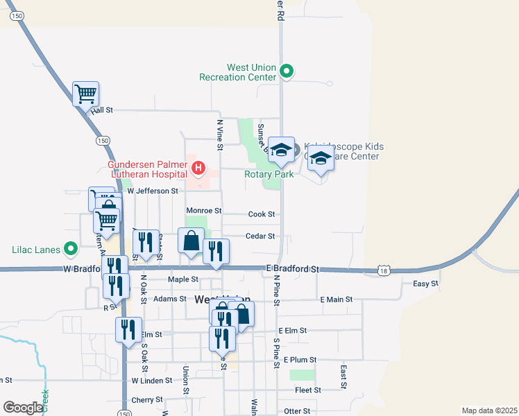 map of restaurants, bars, coffee shops, grocery stores, and more near 100-260 Lincoln Way in West Union