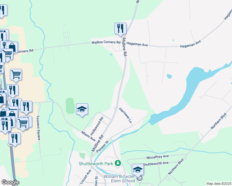 map of restaurants, bars, coffee shops, grocery stores, and more near 1364 Midline Road in Amsterdam