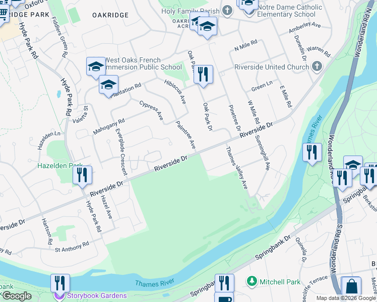 map of restaurants, bars, coffee shops, grocery stores, and more near 895 Riverside Drive in London